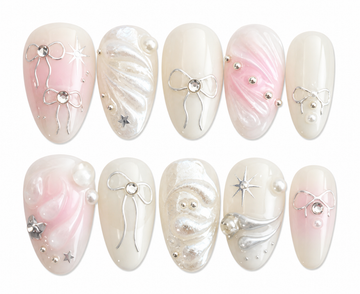 Silver Morning short almond chrome silver press on nails by Kakakoo product photo