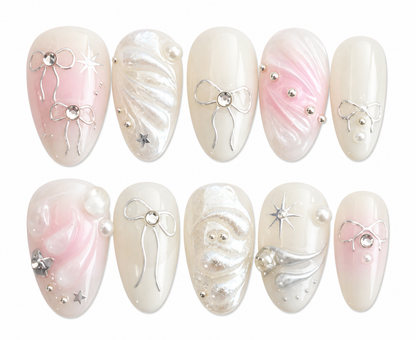 Silver Morning short almond chrome silver press on nails by Kakakoo product photo