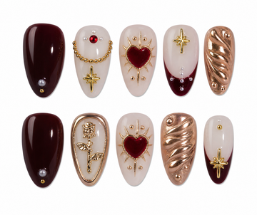 Golden Era short almond hand-painted gold press on nails by Kakakoo product photo
