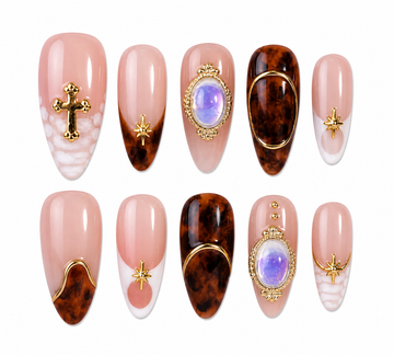 Golden Glitz medium almond French tip gold press on nails by Kakakoo product photo