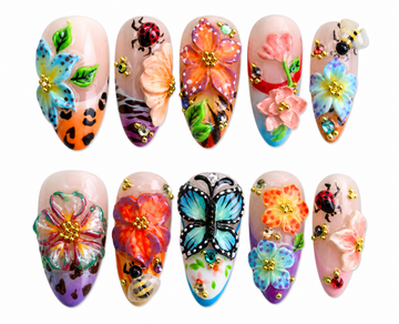Flora Fauna medium almond floral red press on nails by Kakakoo product photo