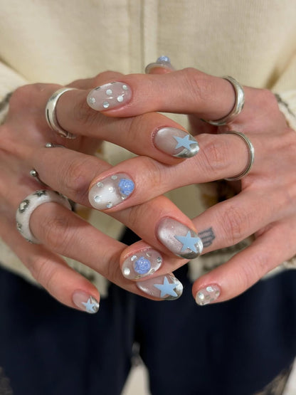 Blue Bubble Star Pearl Press-On Nails – view 2