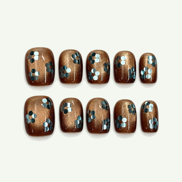 Bronze Petals Extra Short Coffin Cat Eye,Autumn Press-on Nails