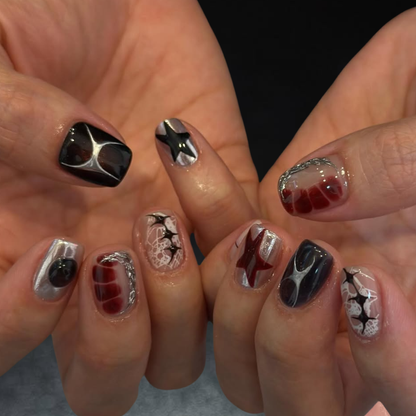 Gothic Bow Burgundy Checker Press-On Nails – view 2
